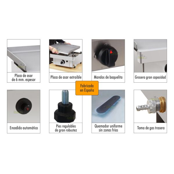 Detalles explicativos Plancha a Gas Profesional de 100 cm de ancho (Abollada base derecha) OUTLET