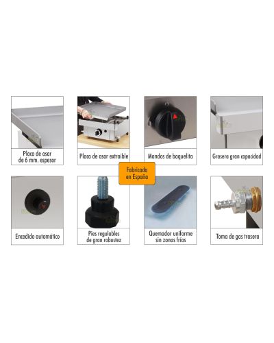 Detalles explicativos Plancha a Gas Profesional de 100 cm de ancho (Abollada base derecha) OUTLET