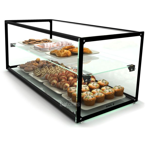 Vista lateral de la Vitrina Expositora Neutra Sayl Recta con Estante