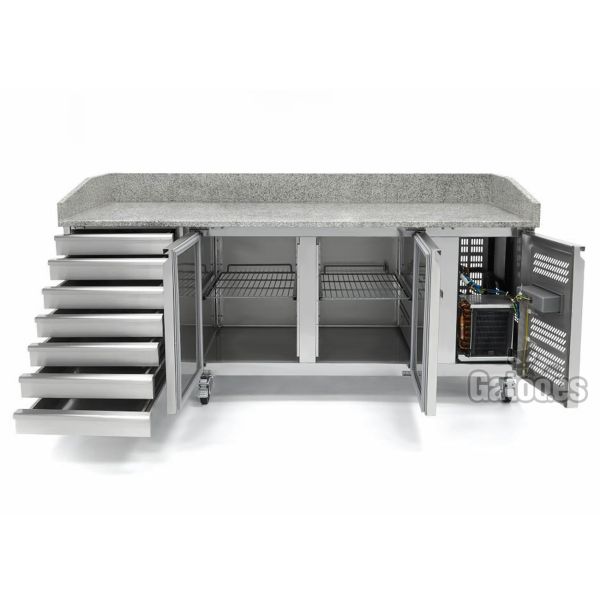 Mesa Refrigerada para Pizza de Granito, 2 puertas. Ancho 202 cm. Para pizzerías