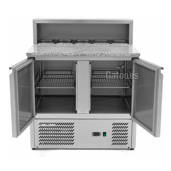 Mesa Refrigerada para Pizza de Granito, 5 cubetas GN1/6. Ancho 90 cm. 2 puertas