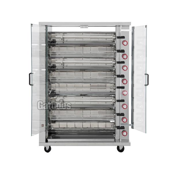 Asador de Pollos a Gas con 8 Espadas AVG8. Puertas abatibles.