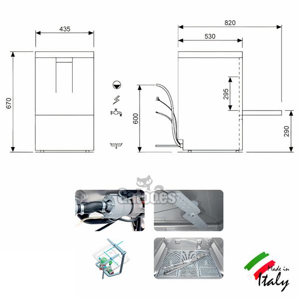 Medidas del Lavavajillas Industrial LVV40. Cesta de 39x39