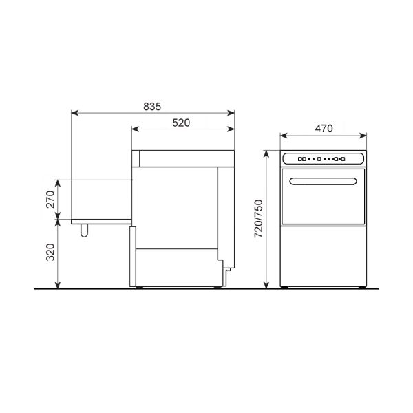 Medidas Lavavajillas Industrial LVC40. Cesta de 40x40
