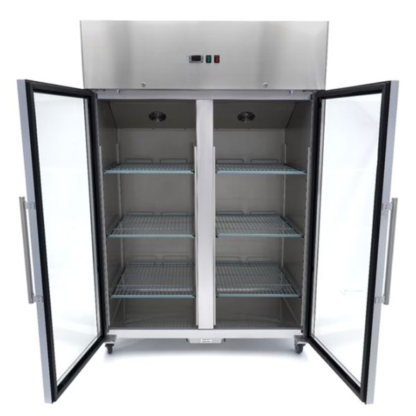 Puertas abiertas Congelador Vertical Profesional Doble Lux 1.200 Litros Inox. Con 2 Puertas Cristal. Con Bandejas GN 2/1.