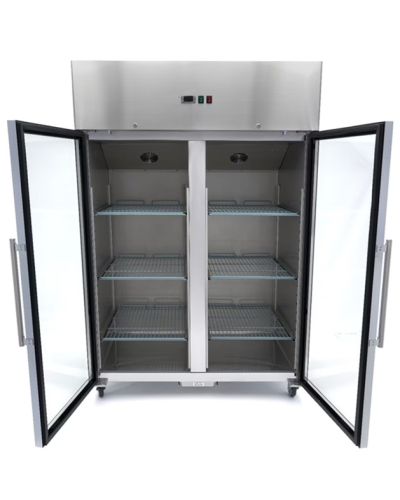 Puertas abiertas Congelador Vertical Profesional Doble Lux 1.200 Litros Inox. Con 2 Puertas Cristal. Con Bandejas GN 2/1.